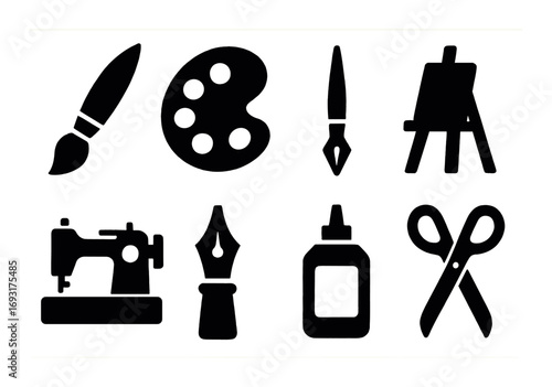 Art and craft silhouette icon set. featuring paintbrush, palette, fountain pen, easel, sewing machine, glue, scissors.