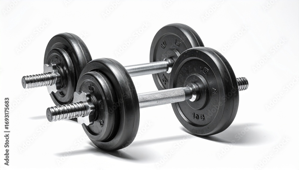 Fototapeta premium Black and silver barbell with 10 KG weight plates secured by metal collars, placed on reflective white surface