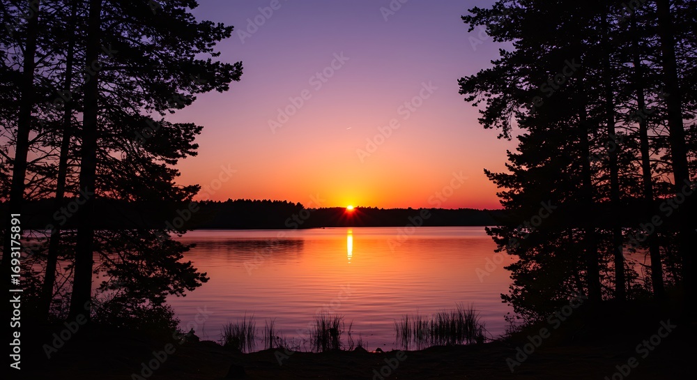 Fototapeta premium Sunset Over Calm Lake Surrounded by Pine Trees.