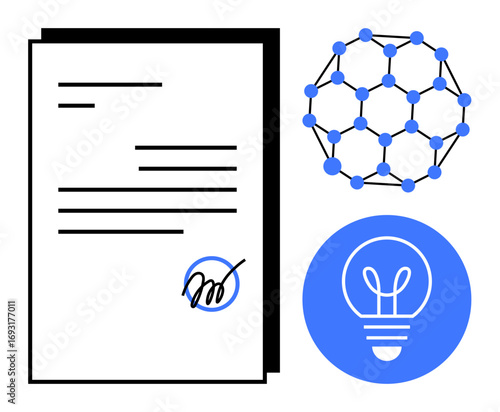 Signed document next to molecular structure and light bulb icon, symbolizing agreements, innovation, research, legal processes, intellectual property, technology, and a simple landing page