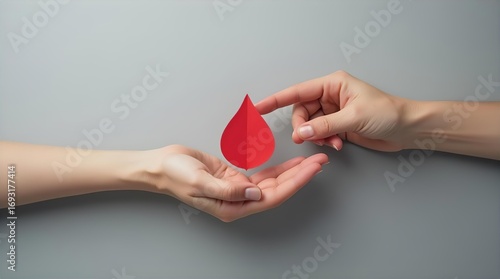 Hands Giving And Receiving A Red Blood Drop Symbol, Promoting Blood Donation, Healthcare, Life-Saving Charity, And Community Support.