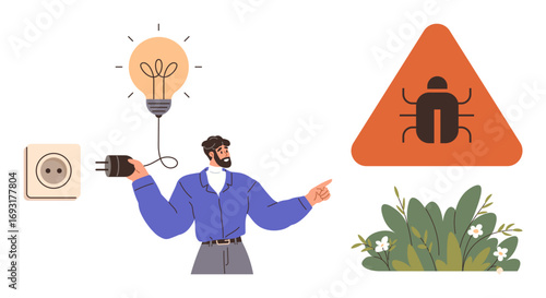 Person holding plug, disconnecting lightbulb, signaling issue with bug warning, plants background. Ideal for technology, troubleshooting, error, complexity, problem-solving awareness electricity