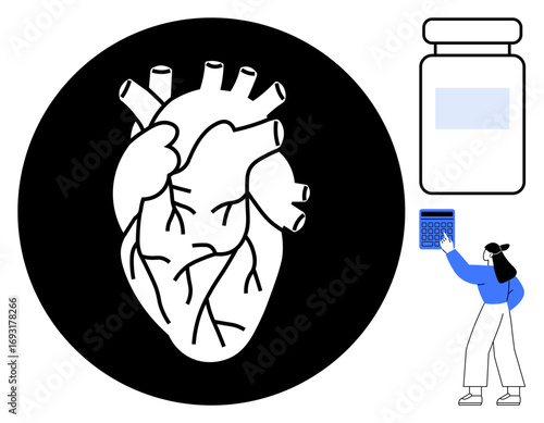 Anatomical heart in bold black circle, woman calculating healthcare data, bottle representing medicine. Ideal for health research, cardiology, medical care, science study, pharmacology, healthcare