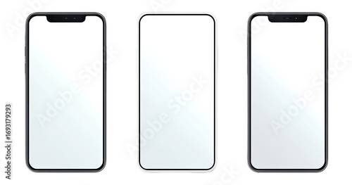 Three blank smartphone displays, side-by-side, showcasing a minimalist design.  Each phone has a rectangular screen with a black frame