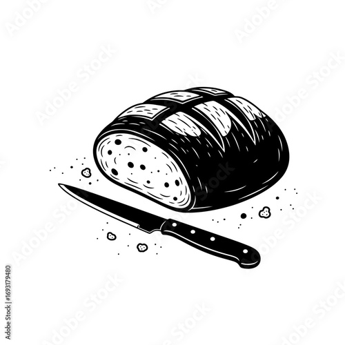 Winter male clothing icons vector art of loaf of bread with a knife in a hand drawn sketch style vector
