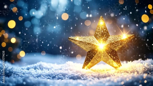 Glittering golden star amidst snowfall with bokeh, winter landscape, christmas
