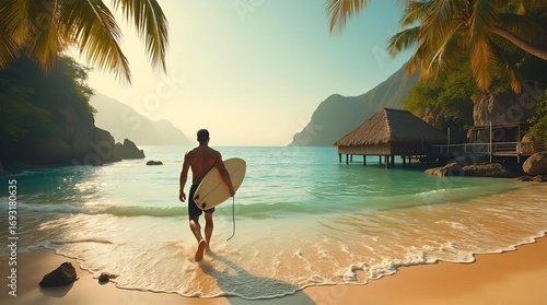Fototapeta Naklejka Na Ścianę i Meble -  Surfer walks into clear turquoise ocean on a stunning tropical beach with palm trees and overwater bungalows, an idyllic scene for a sunny paradise vacation
