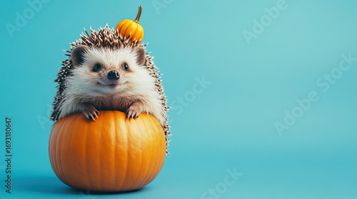 Fluffy hedgehog carrying a miniature pumpkin on its back, smiling happily