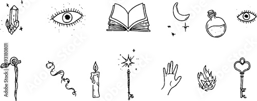 Magical minimalist line art set featuring crystal, wand, open book, and mystical symbols for aesthetic design