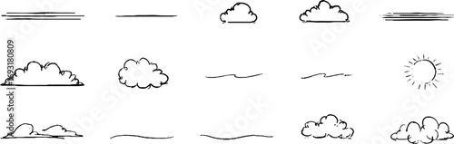 Minimalist line art set of clouds and sun icons for design