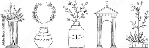 Minimalist line art collection of decorative columns and amphoras for bohemian design