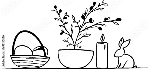 Minimalist easter egg basket with candle, bunny, and branches design for cards and posters