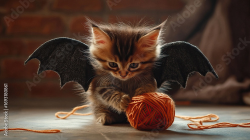 Fluffy kitten wearing a bat costume with wings, playing with a ball of yarn