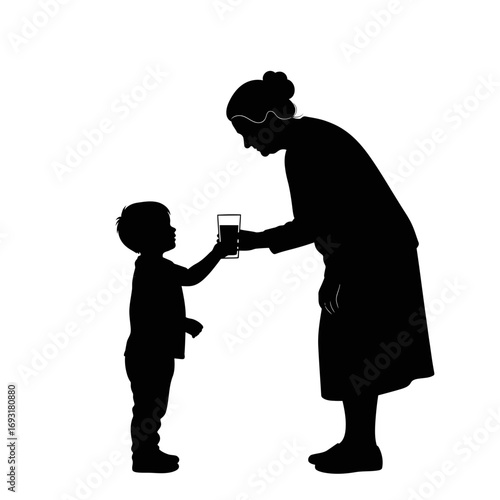 Winter male clothing icons vector art of silhouette of grandmother giving a glass of water to her grandson vector