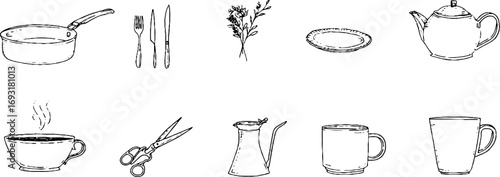 Minimalist kitchen line art collection: frying pan, pot, knife, and utensils for culinary aesthetic design