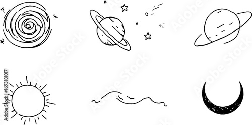 Minimalist line art collection of celestial bodies and cosmic elements for design projects