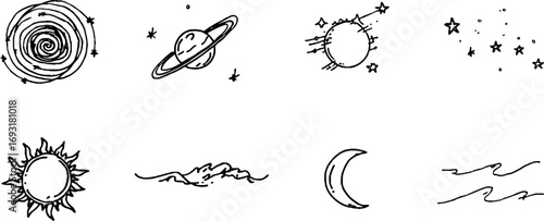 Minimalist celestial line art set featuring spiral galaxies, orbits, stars, and moon for cosmic designs