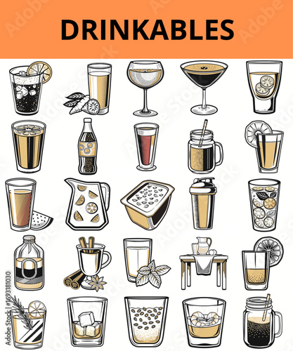 Various drinkable beverages illustrations in colorful style  