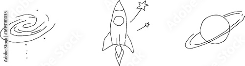 Minimalist line art set featuring galaxy, spiral, and rocket for aesthetic design