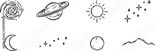 Minimalist line art collection featuring galactic orbits and celestial bodies for design