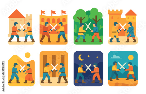 Medieval combat flat icon set. featuring castle, knights, sword fight, duel, and armor symbols.