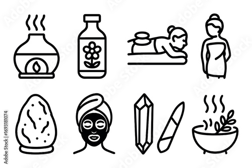 Spa and relaxation linear icons set. featuring aromatherapy, massage, sauna, skincare, and herbal therapy symbols.