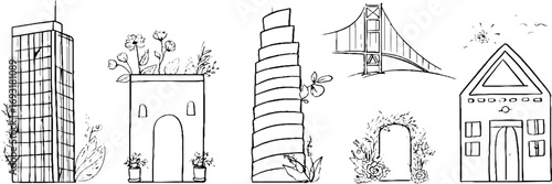 Minimalist line art collection of architectural structures with floral elements for design and decor
