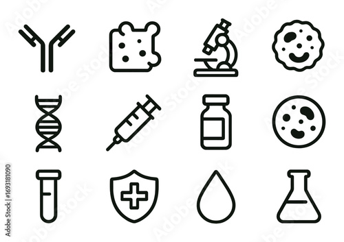 Science and medicine linear icon set. featuring antibody, bacteria, microscope, dna, syringe, vial, and test tube symbols.