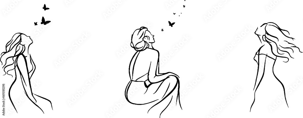 Fototapeta premium Minimalist line art of joyful women dancing with butterflies – aesthetic design for prints and posters