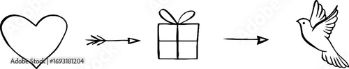 Minimalist line art featuring heart, arrow, gift, and dove for aesthetic and design projects