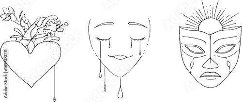 Minimalist line art: heart emotions and mask symbolism for aesthetic designs