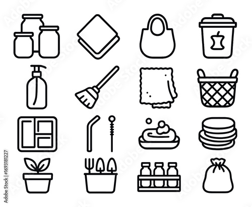 Household essentials linear icon set. featuring jars, napkins, bag, bin, soap dispenser, broom, towel, and basket..