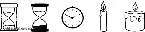 Minimalist line art set of timepieces and candles for modern design and decoration