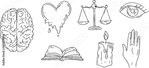 Minimalist line art collection featuring brain, heart, eye, and candle for creative design purposes