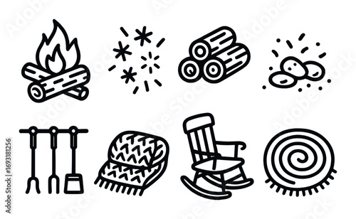 Camping essentials linear icon set. featuring campfire, stars, logs, marshmallows, tools, blanket, chair, sleeping bag.
