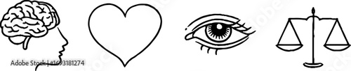 Minimalist line art set of brain, heart, eye, and scale for aesthetic design