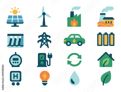 Renewable energy silhouette icons set. featuring solar panel, wind turbine, factory, hydraulic power, grid, electric car.