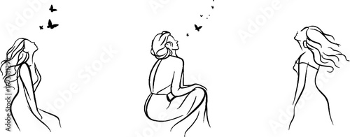 Minimalist line art of joyful women dancing with butterflies – aesthetic design for prints and posters
