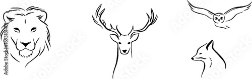 Minimalist line art set featuring lion, wolf, owl, and deer for logo or tattoo design