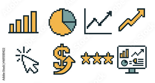 Business growth pixel art icon set. featuring chart, pie, graph, increase, click, dollar, star, and monitor symbols.