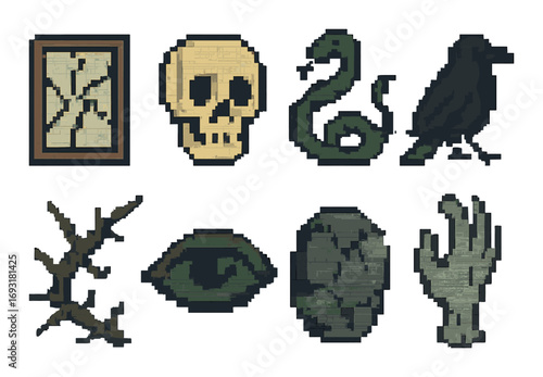 Halloween silhouette icon set. featuring skull, snake, crow, eye, branches, hand, tree, and window symbols.