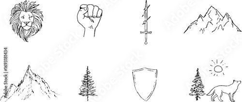 Minimalist line art collection featuring lion head, clenched fist, and nature elements for design