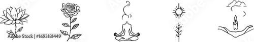 Minimalist line art set featuring lotus pose and lotus flower for meditation and decor