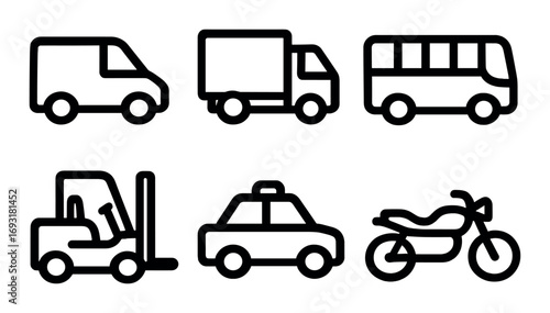 Transportation linear icon set. featuring van, truck, bus, forklift, taxi, motorcycle symbols.