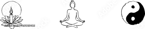 Minimalist line art of lotus pose with mandala and yin yang symbols for meditation and zen design