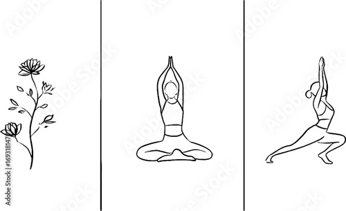 Minimalist line art set featuring lotus pose and tree pose for yoga and meditation design