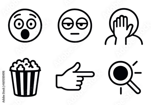 Emoji silhouette icon set. featuring shocked face, sleepy face, facepalm, popcorn, pointing hand, magnifying glass.