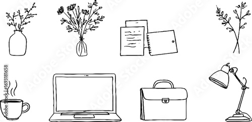Minimalist line art set featuring office desk essentials for aesthetic decor