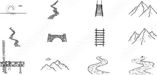 Minimalist line art collection featuring roads, footsteps, bridges, and mountain landscapes for design projects