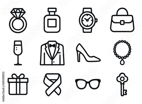 Luxury accessories linear icon set. featuring ring, perfume, watch, bag, glass, suit, shoe, necklace.